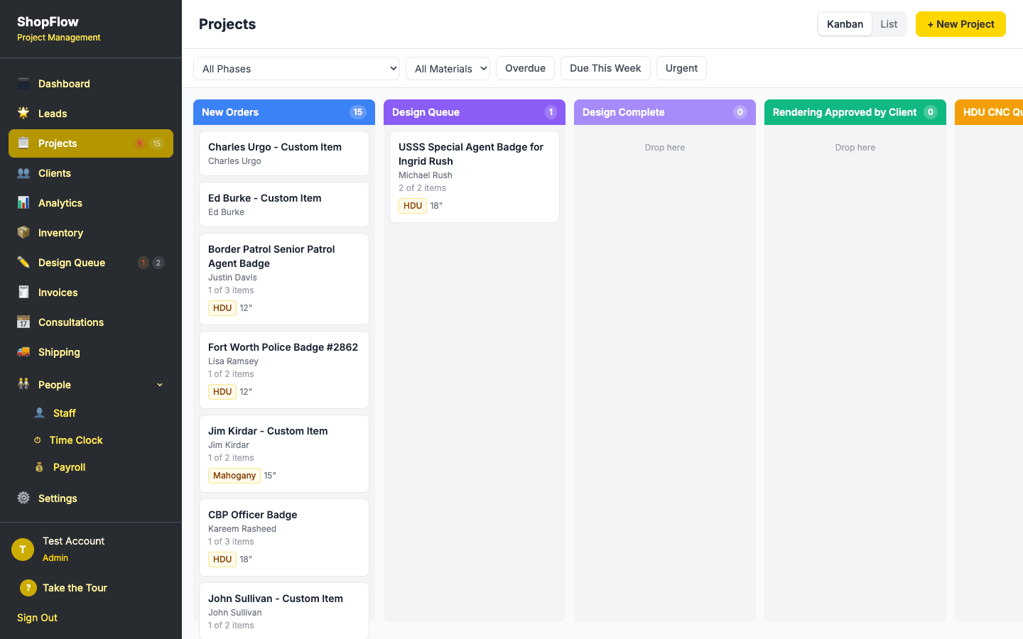 ShopFlow OS Kanban board